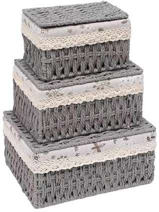 Hocadrv 3 Stück Aufbewahrungskorb Aufbewahrungsbox mit Deckel Körbchen | Geflochten mit Futter Aufbewahrungsbox Bad Badorganizer Rattan Korb für Spielzeug Küchen Schlafzimmer(Grau)