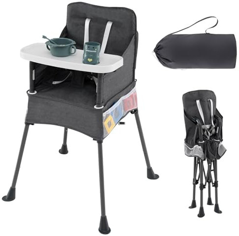 COSTWAY Chaise Haute Bébé Interieur Exterieur, Chaise Haute Pliable, Plateau Réglable à 2 Niveaux, Ceinture de Sécurité, Ouvertures de Jambes Réglables, 5 Poches, Charge 15 kg, pour Bébé 6-36 Mois