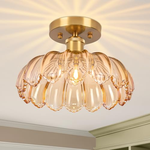 Vloitgol Deckenleuchte Vintage mit lampenschirm Bernstein glas E27 25cm Retro halbbündige Deckenlampe Vintage blumen Glas für Schlafzimmer Flur Küche Esszimmer Wohnzimmer - Glühbirne nicht enthalten