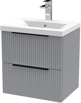 Balterley Vanity Unit with Basin Wall Hung, 2 Drawer Soft Close with Mid Edge Sink and Handles, Bathroom Vanity Units with Basin, Fluted Front Sink Cabinet - 510 x 390 x 540mm (Grey)