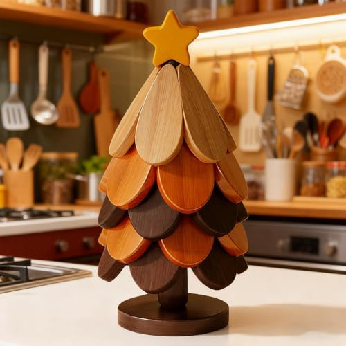 Wooden Tree Trivets for Hot Dishes, Wooden Christmas Tree Trivets, Natural Wood Christmas Trees Trivet Coasters with Stand, Foldable Woodens Trivet Placemat Hot Pots Holders, for Kitchens Gadgets