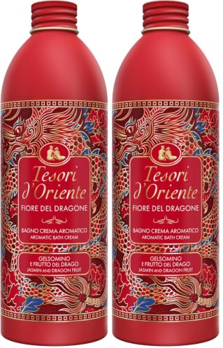 Tesori d'Oriente - Bagno Crema Fiore del Dragone e Pitaya, Bagnoschiuma dalle Note di Fiori Bianchi, Deterge Delicatamente la Pelle Donando un Profondo Benessere, 500ml (Confezione da 2)