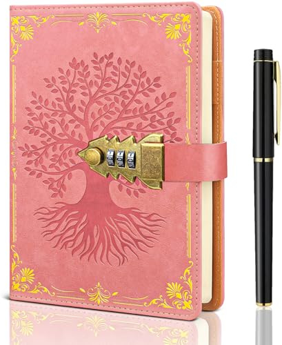 UNIANE Carnet vintage à cadenas pour femmes/hommes, format A5, avec stylo, rechargeable, idéal pour écrire. Convient aux filles, aux hommes et aux étudiants. Dimensions : 21 x 15 cm (Rose)