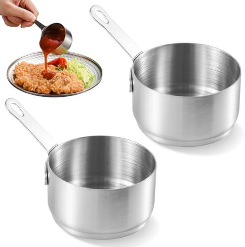 2 PCS Mini Saucepan Stainless Steel 100ml, Sauce Pots with Handle Nonstick Condiment Sauce Round Sauces Serving Pot Metal Dipping Cups for Gravy Marinade