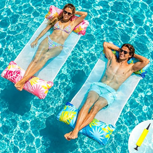 Pool Hammock Floats Adults 2 Pack, 4 IN 1 Multi-Purpose Inflatable Swimming Pool Floats Water Hammock, PVC Material Pool Toys, Inflatable Hammock Lounger Floaties with Air Pump