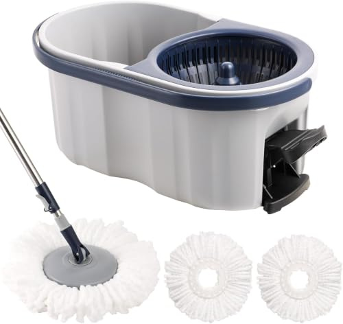 Spin Mop Bucket with Wringer System Extended Mop Handle 61"Mop and Bucket for Floors Cleaning with 5 Replacement Head Refill 1 Cleaning Brush Head (Pedal spin mop set)