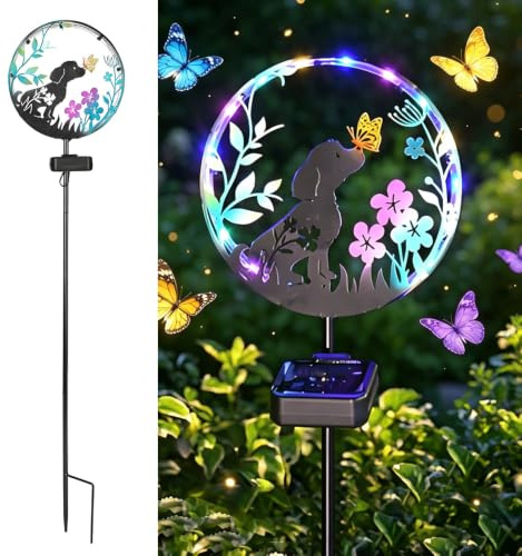 WRQIOO Solarstecker für Außen Garten, Solarleuchte Hund, Metall Solar Tiere für Außen Garten mit Schmetterling, Solar Gartenstecker, Gartendeko Solarlampen für Au-ßen Balkon Außenterrasse