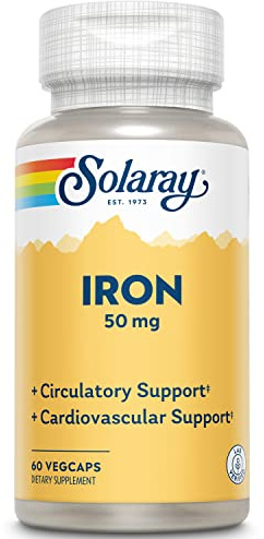 SOLARAY Iron Capsules 50mg - Iron Supplement for Women and Men w/Parsley and Yellow Dock Root, Supports Body's Natural Production of Red Blood Cells, 60-Day Guarantee, 60 Servings