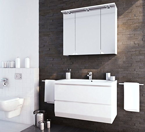 naka24 Badmöbel Set BRILLANT 85 cm Badmöbel mit Doppelwaschbecken MDF Weiss Hochglanz