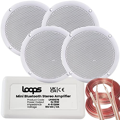 Loops SMART HOME Bluetooth Amplifier & 4x Moisture Resistant Ceiling Speaker Kit – Compact HiFi Mini/Micro Amp – Bathroom/Kitchen Audio Music Player System