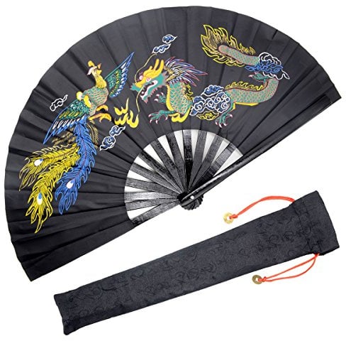 OMyTea Performance Large Hand Folding Fan - Chinese/Japanese Kung Fu Tai Chi Handheld Fan for Men/Women - For Decorations/Dancing/Fighting/Gift (Black Dragon & Phoenix)