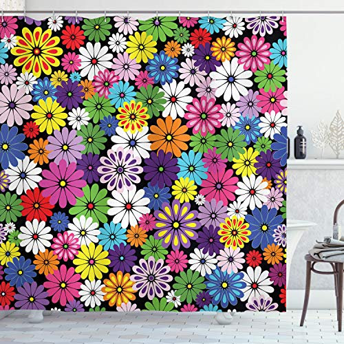 ABAKUHAUS Blume Duschvorhang, Floral Vivid Gänseblümchen, Stoffliches Gewebe Badezimmerdekorationsset mit Haken, 175 x 180 cm, Lila Mehrfarbig
