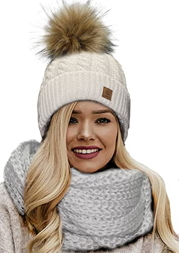 4sold Mütze & Schal Schlauchscha Damen Gerippt Winter Beanie mit Fleece Strickmütze Mohair Wolle Wurm mit Faux Fell-Bommel Bommel Pom Pom Strick Gefüttert - Set Carla Ecru