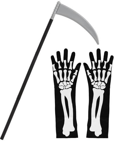JOYIN Grim Reaper Accessories Set with Grim Reaper's Scythe and Scary Skeleton Gloves Halloween Sickle Weapon Prop for Party, Cosplay
