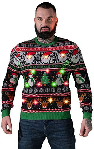 U LOOK UGLY TODAY Weihnachtspullover Herren Damen Unisex LED Licht Lustig Sweater Pulli Hässlich Xmas Strickpullover Weihnachtspulli mit LED Lampe für Weihnachtsparty Glanzlichter XXL
