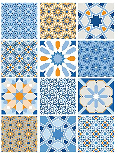| Décoration Carrelage | Planche de 12 Stickers Carrelage - Carreaux de Ciment - Modèle MAROCCO - Dimensions d'un Carreau : 10 x 10 cm - Salle de Bains Crédence Meubles ...