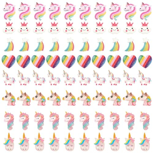 SUNNYCLUE 80 Stück 8 Stile Einhorn Regenbogen Thema Harz Flatback Cabochons Glitzer Pailletten Schleim Perlen Schmuckherstellung Bastelbedarf Für DIY Telefon Dekor Verzierungen Haar Kostüm Zubehör