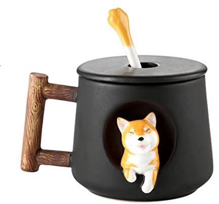 OhMill 1 Pcs Tasse à Café en Porcelaine Fine Shiba Inu Tasse avec Cuillère et Couvercle Tasse Mignonne de 420 ml Cadeau Créatif