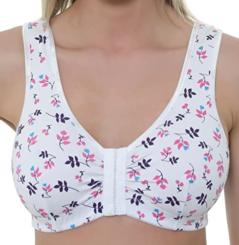 Gemm Womens Stretch Soft Cotton Lycra Non Wired Front Fastening Comfortable Bra, White Floral, 40