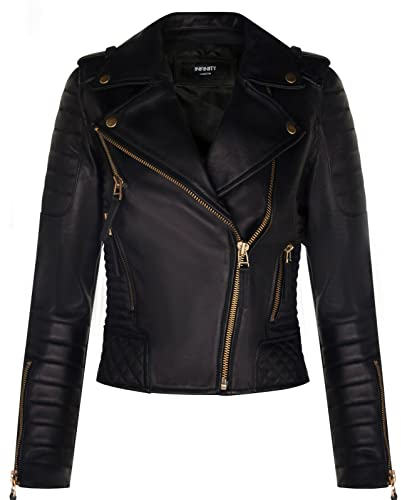 Infinity Leather Damen-Leder-Bikerjacke, Gesteppt, Matt, Schwarz, Goldfarbener Reißverschluss, Echte Nappa Gothic Fashion Moto Jacke M