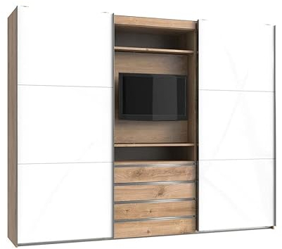 Froschkönig24 magicGlas Schwebetürenschrank Schiebetürenschrank mit TV-Element Plankeneiche/Weiß, Höhe in cm:236 cm, Schließdämpfung:ohne Schließdämpfung