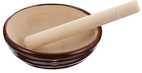 BESTonZON Mortier Pilon Bois Céramique Ensemble Cuisine Gorlique Meuleuse Masher à Cuisine Ustensil pour Pepper Garlic 11x11x4cm