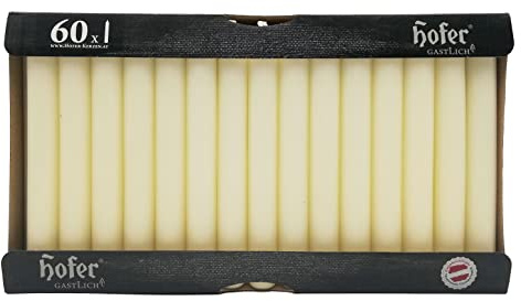 Hofer Lange Tafelkerzen, 60 Stück Set (1x60), dim. 21,5x180 mm, Elfenbeinfarbe, Lange Brenndauer ca. 5 Stunden, Set mit 60 dünnen Spitzkerzen aus tropffrei Wachs