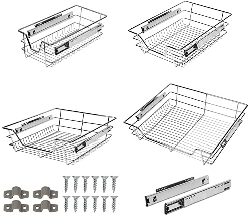 Daromigo 4x Teleskopschublade für Schrankbreite 30 cm, 20 kg Tragkraft | Verchromt, Schubladeneinsätze für Küchenschrank, Korbauszug Schrankauszug, Silber