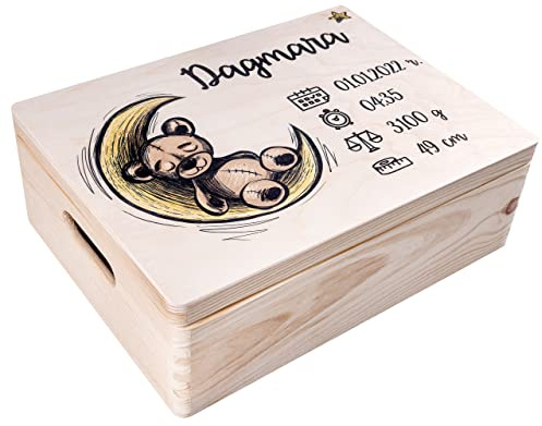 Creative Deco Erinnerungsbox Baby Personalisiert mit Namen Teddybär | 40 x 30 x 14 cm | Individuelle Erinnerungskiste Geschenk zur Geburt für Mädchen und Jungen | Holzkiste mit Deckel | Farbdruck