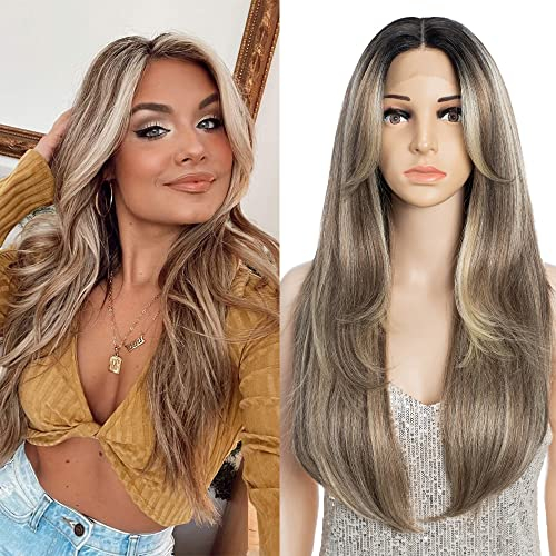 FASHION IDOL Perücke für Frauen Synthetische Spitze Front Tür Vorhang Pony in der Split Lace Hair Stitching Layered Farbe Perücke