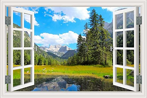 MUMUWUSG Vinyl 3D Wandaufkleber 90X60Cm Blau Himmel Bäume Fluss Fototapete Fenster Fensterblick 3D, Tapete Fototapete 3D Effekt Wandbild Wandtapete ​Für Wohnzimmer Schlafzimmer