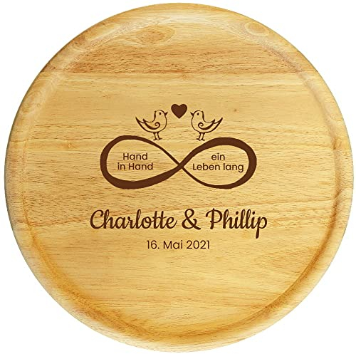 Sterngraf Servier-Platte, 32 cm mit Gravur (Name, Datum) personalisierter Servier-Teller, Holz Dekoteller - Geschenk-Idee zur Hochzeit, Unendlichkeits-Symbol Motiv S12