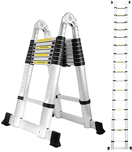 Gimisgu Teleskop Klappleiter, Alu Teleskopleiter, Groosse Anwendbarkeit Multifunktionsleiter, 150 kg Belastbarkeit Leiter für Garten Innen (5m(2.5+2.5))