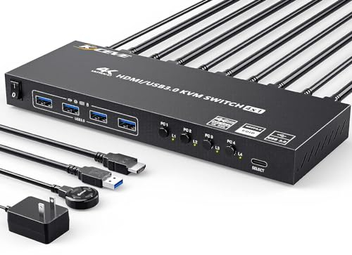 USB 3.0 Switch KVM HDMI 4 PC 1 Monitor 4K@60Hz 2K@120Hz Simulation EDID, MLEEDA HDMI KVM Switch 4 PC Condividono 1 Monitor e 4 porte USB 3.0, Dotato Alimentatore 12V, Controller Desktop e Cavi