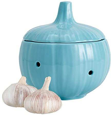 Asweal Ceramic Garlic Keeper Storage Container with Lid Vented Garlic Storage Pot for Kitchen Counter Decor (Blue)