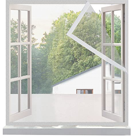 Risareyi Fiberglas Fliegengitter Fenster 145x110cm, Klettverschlusskanten, Weiß Verstärktes Mesh Insektenschutz Moskitonetz Fenster Hält Insekten/Fliegen/Mücken Fern, mit Klebeband