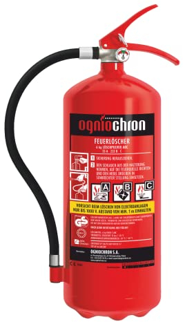 OGNIOCHRON - Feuerlöscher (6 kg) I Pulverlöscher mit Wandhalter I Brandklassen ABC I Ideal für Haushalt, Büro, Produktionsbereiche, Lagerhallen, Garagen I Enthält Manometer, Stahlstift
