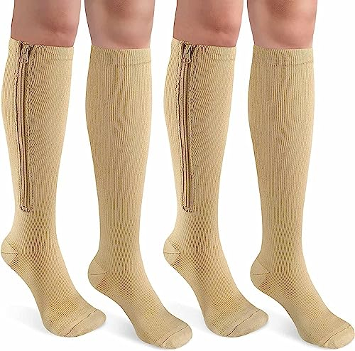 Reißverschluss Kompressionsstrümpfe 2 Paare für Frauen und Männer 15–20 mmHg für Krampfadern, Ödeme, Erholung, schwanger (as3, alpha, xx_l, regular, regular, Beige)