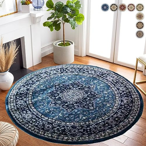 renoazul® Jute Back Large Round Rug Living Room - Rome Blue - 120x120 cm - Traditional Rugs For Bedroom Carpet, Bedside and Circular Rug For Sofaside