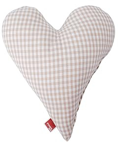 POWER INN Herzkissen klein ca. 30x35cm | Geschenk zur Hochzeit, Muttertag oder Valentinstag | Dekokissen und Kuschelkissen in Herzform | Stoff 100% Baumwolle | (Beige kariert)