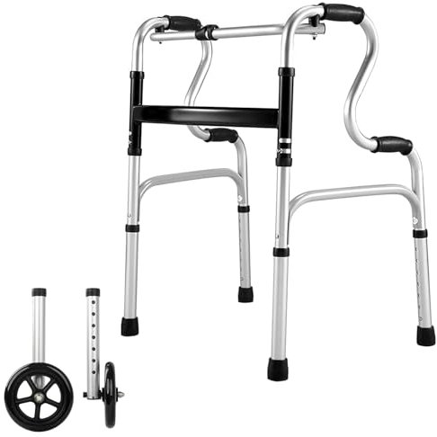 Stepped Handrail Zimmer Frame with Wheels - Aluminum Foldable Walking Frame with Small Walker Bag, Lightweight Folding Walker for The Elderly, 8-Level Height Adjustable, Wheels with Bearings, Silver