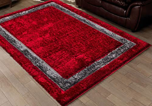 Modern Shaggy Rug Bordered Solid Design Large Area Rug for Bedroom Living Room Fluffy Floor Mats Small Door Mats (Red, 160 x 230 cm)