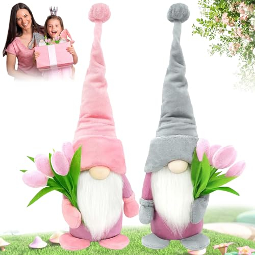 Bambola Gnomo Senza Volto, 2 pezzi Pasqua Gnomo Peluche, Peluche Gnomo Bambola, Gnomi Pasqua Set con fiori a tulipano per la Festa Della Mamma Pasqua San Valentino Primaverile Di Regal(Grigio+Rosa)