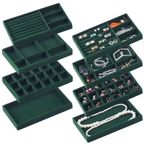 CDBOVID Set of 8 Stackable Jewelry Organizer Stackable Trays for Drawers,Jewelry Drawer Inserts Container Display Case Storage for Earring Necklace Rings Bracelet with Removable Dividers-Black