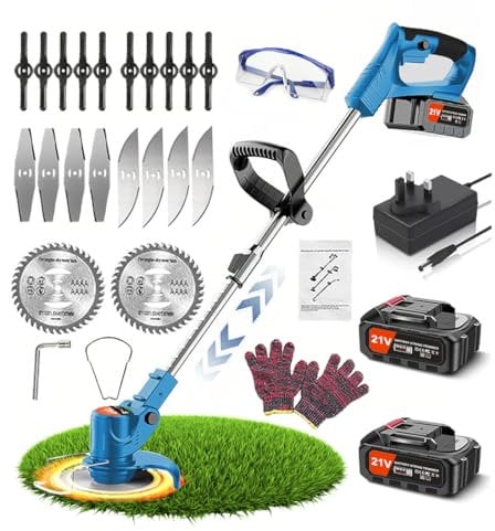 Wrneaoch 21V Strimmer Cordless Grass Trimmer, 90° Head pivots Cordless Strimmer with 2Pcs 2.0Ah Batteries and Charger - for Garden Clearing Weeds Flower Trees