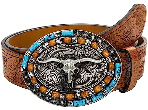 Caysep Western-Cowboy-Cowgirl-Gürtel, PU-Leder, für Damen und Herren, türkis, geprägter Taillengürtel mit langen Horn-Bullschnallen, Braun-Stil1, 110cm/For Waist 84cm-92cm