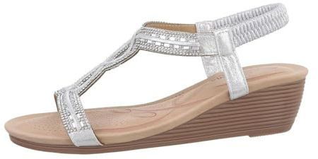 Ital Design Damen Sandalen mit Keilabsatz, runde Spitze, Silber, Gr. 38