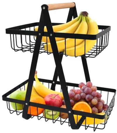 YOPEUC 2 Stockig Obstschale Etagere mit Holzgriff, Obstkorb Etagere Obst Etagere 2 Stöckig mit Schraubendreher, Metall Schwarz Obstschalen mit Griff für Obst, Snacks zu Hause, Gemüse, Küche, Büro
