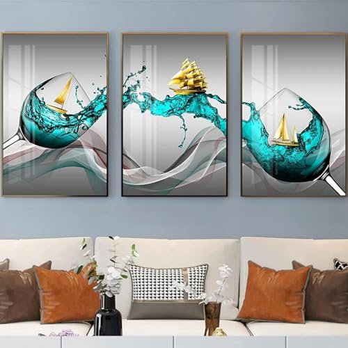 DOULAIMAI Trittico Quadro su Tela Astratta Moderna Bicchiere di Vino Dorato Barca su Tela Poster e Stampe Immagini da Parete per Soggiorno Decorazioni per La Casa 80x120 cmx3 Senza Cornice