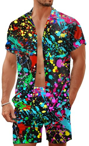 LESOCUSTOM 80er 90er Jahre Hawaii-Outfits für Herren, 2-teiliges Hemd und Shorts, Sets mit Knopfleiste, Strandanzüge, Disco-Party, Neon Batikfarbe, X-Large